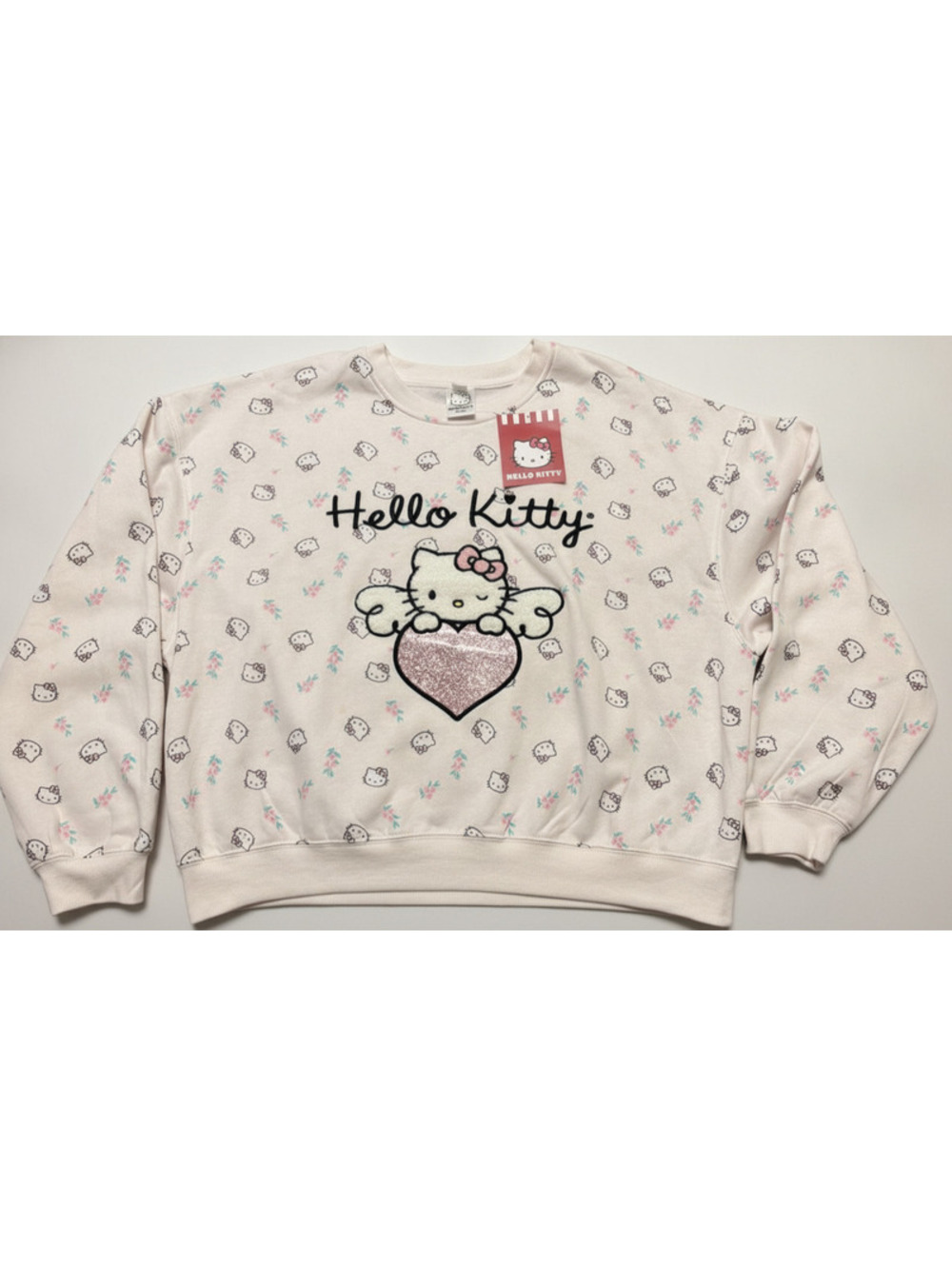 Hello Kitty Women’s Large Sweatshirt Light Pink Heart & Floral Wings Design